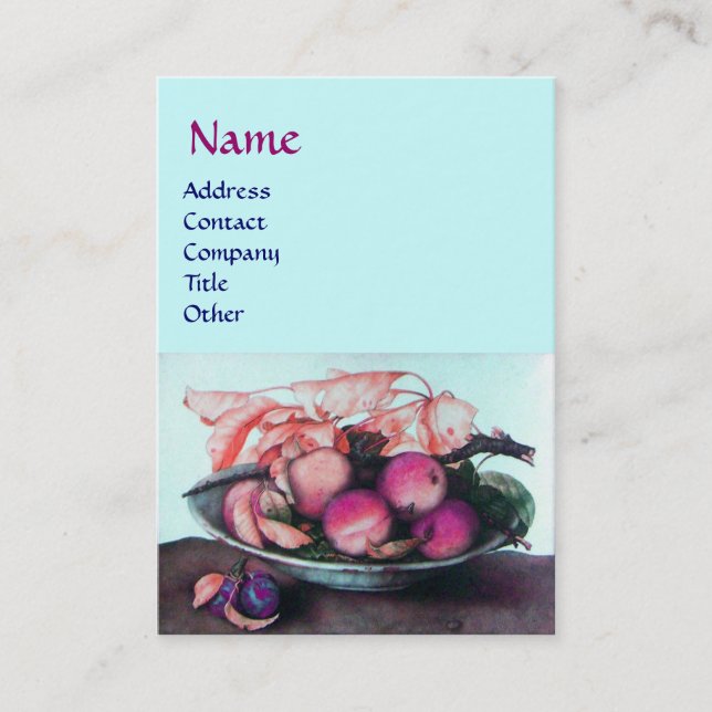 Cartão De Visita Pêssegos De FRUTA Da SEASON, Ameixas, Folhas De Az (Frente)