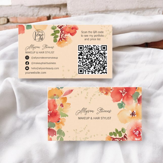 Cartão De Visita Pessegueiro a negrito Pêssego de ouro floral Logót (Bold fall floral gold makeup hair logo qr code business card on peach)