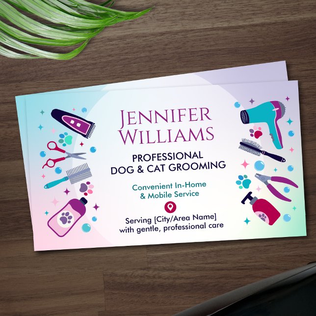 Cartão De Visita Pet Groomer In-Home & Mobile Dog & Cat Grooming (Criador carregado)