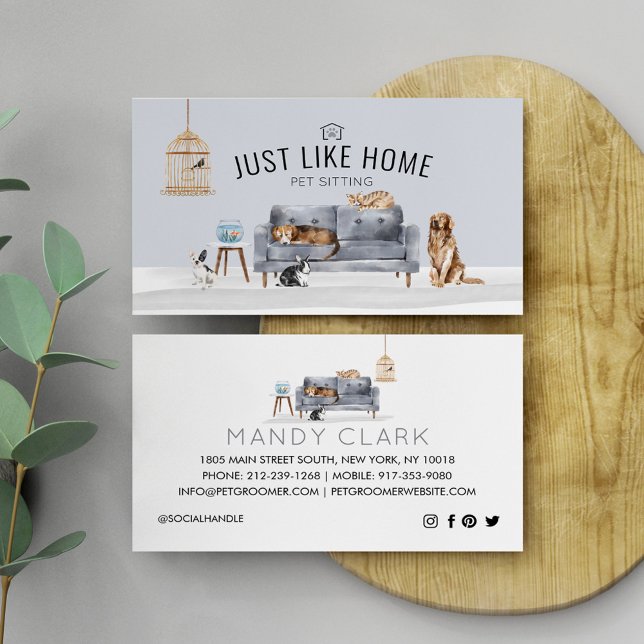 Cartão De Visita Pet Residencial Sentado Aquarela Cinza Cozy Home C (Home Pet Sitting Watercolor Cozy Home Grey Couch Business Card)