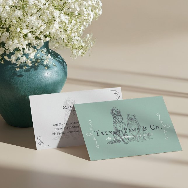 Cartão De Visita Pet Salon Pomeranian e Ouro Retriever Cão (Classy Pet Salon Pomeranian & Golden Retriever Dog Business Card)