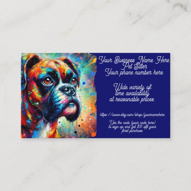 Cartão De Visita Pet Sitter Boxer Dog Pop Art Paint Splatter Blue (Frente)