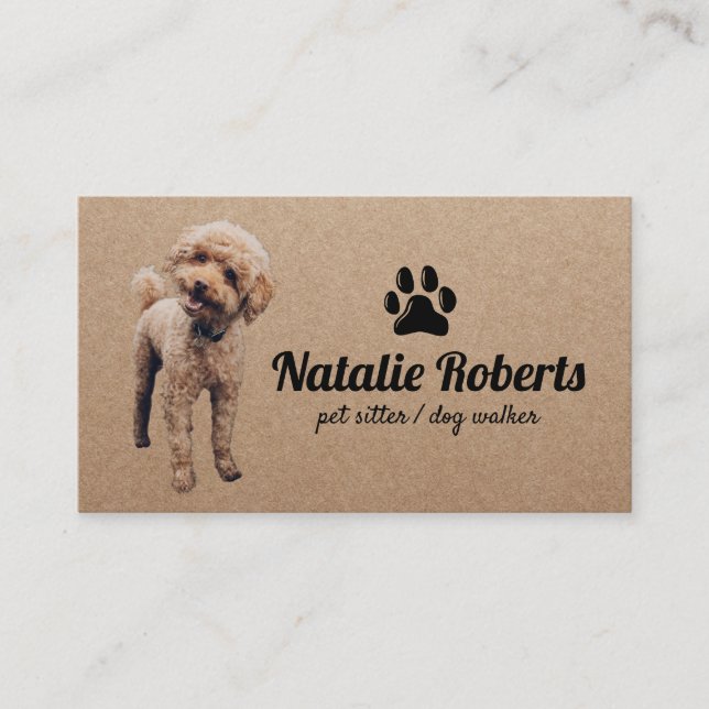 Cartão De Visita Pet Sitter Dog Walker Cute Poodle Rustic Kraft (Frente)