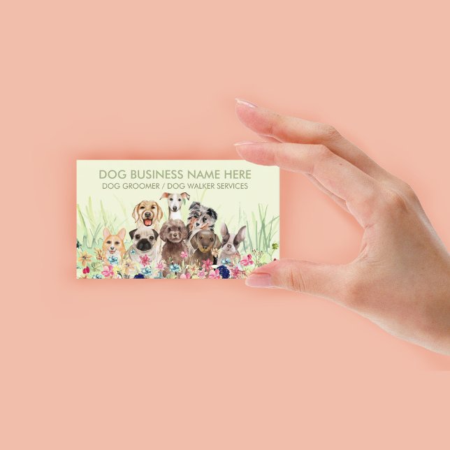 Cartão De Visita Pet Sitter Walker cão com mesinha verde floral (Pet Sitter Walker dog petcare green floral Business Card)
