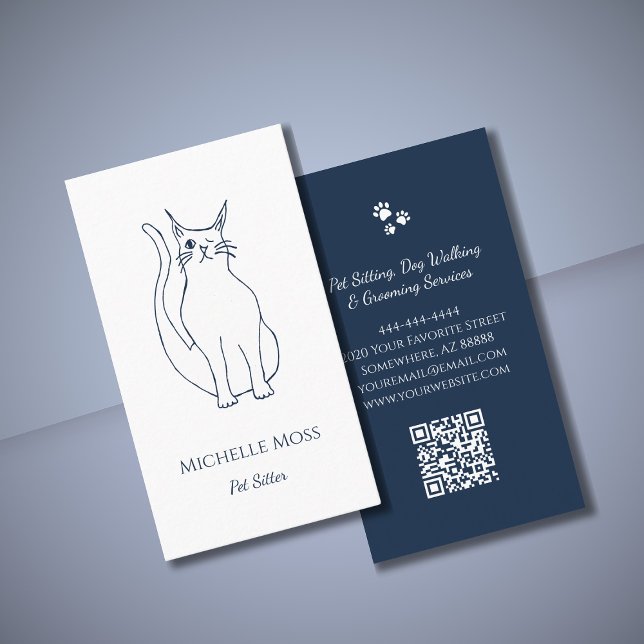 Cartão De Visita Pet Sitter Winking Cat Marinho Blue Código QR (Criador carregado)
