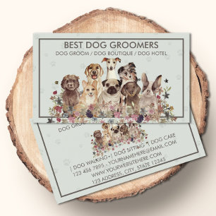 Cartão De Visita PetSitter cães sentados flores veterinário retrô