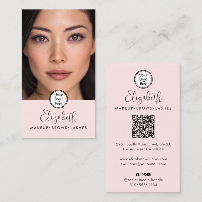 Cartão De Visita Photo Blush Pink Script Black Logo QR Code Makeup (Frente/Verso)