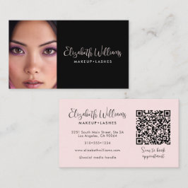 Cartão De Visita Photo Blush Pink Script Black QR Code Makeup Chic