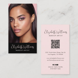 Cartão De Visita Photo Blush Pink Script Black Social Icon QR Code