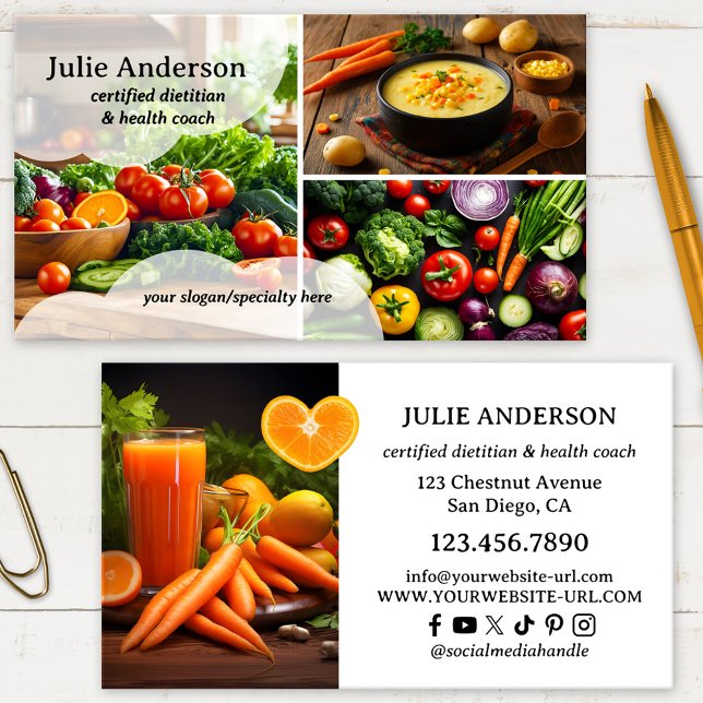 Cartão De Visita Photo Dietitian Nutritionist Health Coach (Professional business card for a nutritional therapist or dietitian featuring a custom photo collage)
