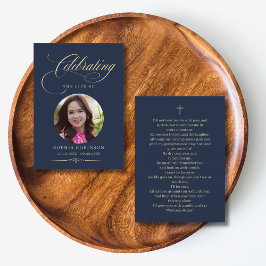 Cartão De Visita Photo Elegant Blue Gold Funeral Prayer Cards