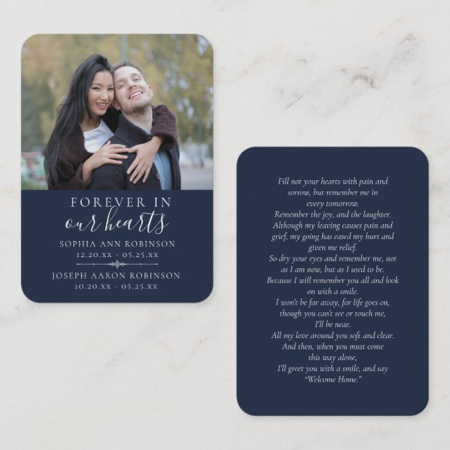 Cartão De Visita Photo Joint Double Funeral Blue Prayer Card (Frente/Verso)