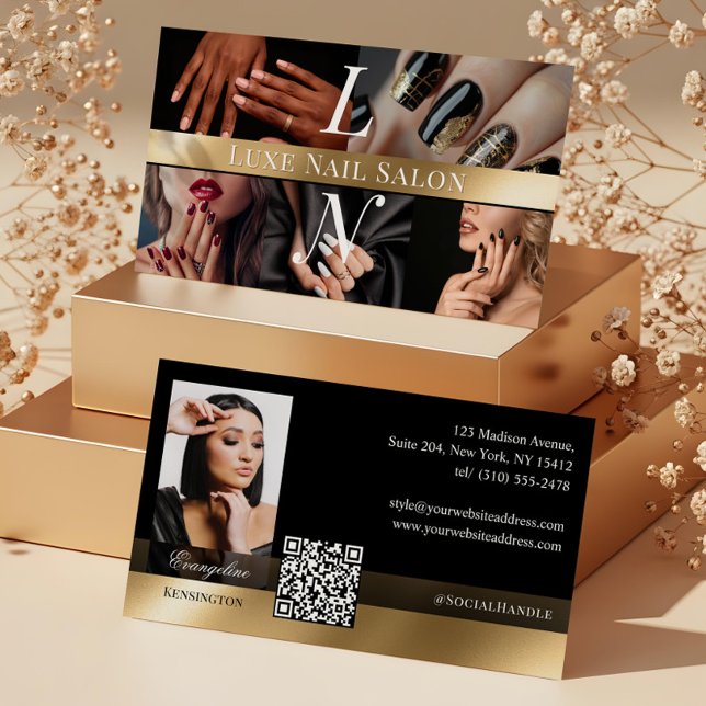 Cartão De Visita Photo Nail Art Technician Luxe Monogram Black Gold (Photo Nail Art Technician Luxe Monogram Black Gold Business Card)
