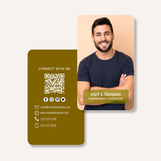 Cartão De Visita Photo QR Code Connect With Me Mustard Modern (Mustard gold QR code business card with photo and clean modern layout)