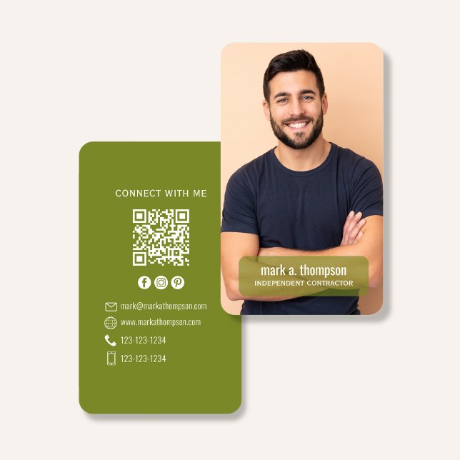 Cartão De Visita Photo QR Code Connect With Me Olive Green (Modern olive green QR code contact design with photo and clean natural branding)