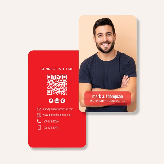 Cartão De Visita Photo QR Code Connect With Me Red Modern (Bold red QR code contact design with photo and clean modern professional layout)