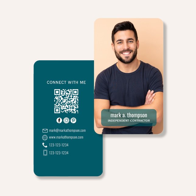 Cartão De Visita Photo QR Code Connect With Me Teal Modern (Modern photo QR code contact design with teal layout and clean professional branding)