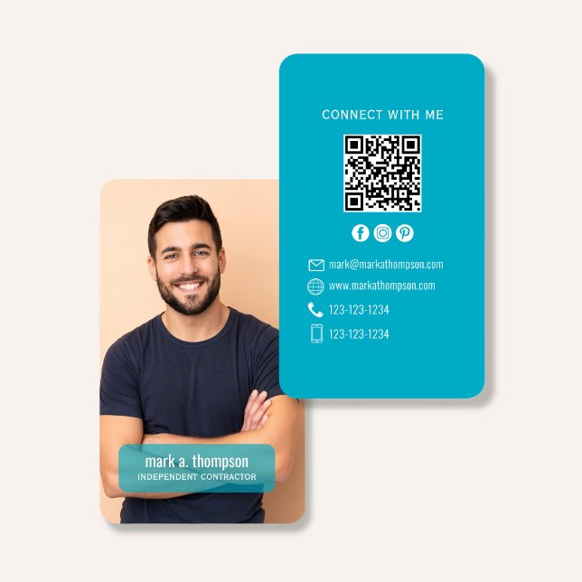 Cartão De Visita Photo QR Code Connect With Me Teal Modern (Modern teal QR code contact design with photo and clean professional layout)