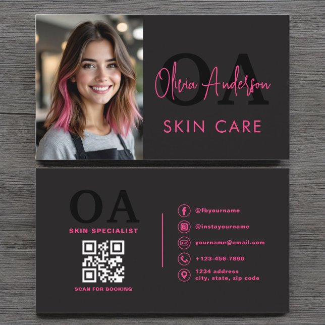 Cartão De Visita Photo Skin Care Código QR Rosa Quente (Criador carregado)