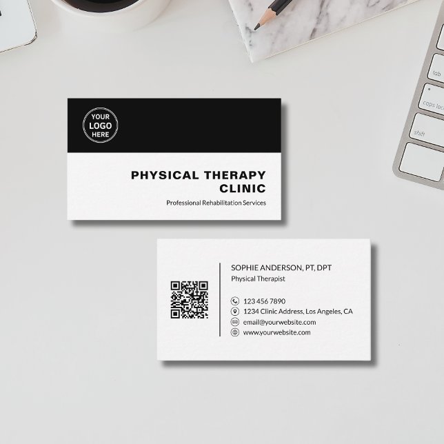 Cartão De Visita Physical Therapy Clinic Professional Logo QR Black (Physical Therapy Clinic Professional Logo QR Black Business Card)