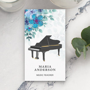 Cartão De Visita Pianista do Piano Floral Grande e Azul Elegante