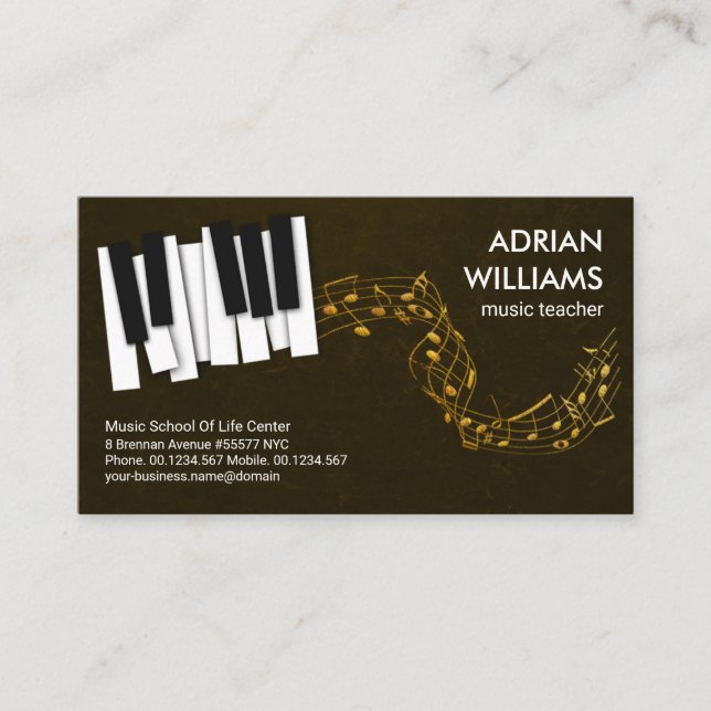 Cartão De Visita Piano Keys Floating Dourado Music Notes Professor  (Frente)