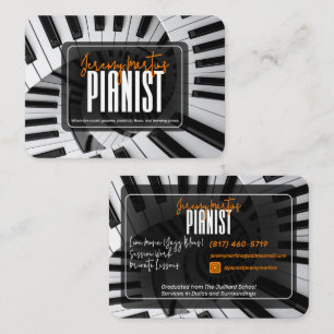Cartão De Visita Piano Moderno Espirais Branco no Preto Laranja Pia