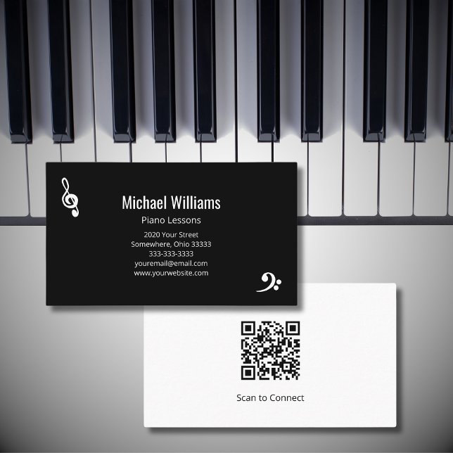 Cartão De Visita Piano Música Lições QR código Black White (Criador carregado)