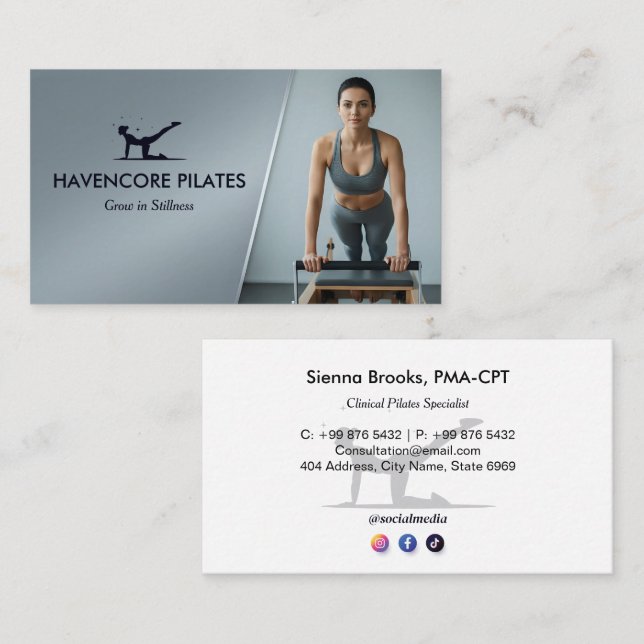 Cartão De Visita Pilates Studio Business | Modern Gray Barcode (Frente/Verso)