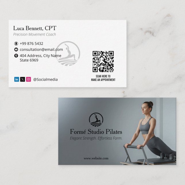 Cartão De Visita Pilates Studio Business | Modern Gray Barcode (Frente/Verso)