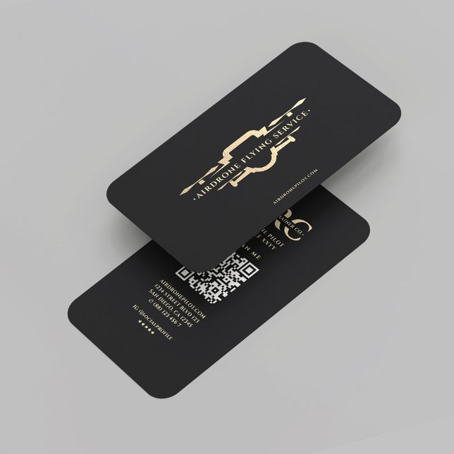 Cartão De Visita Piloto de Drone Dourado a preto moderno (Modern Black Gold Monogram Drone Pilot Business Card
)