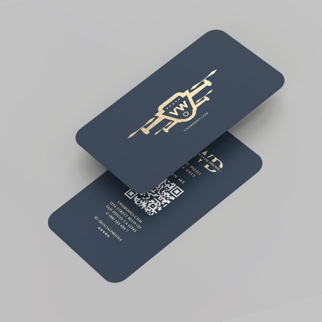 Cartão De Visita Piloto de Drone Monograma Moderno Azul Escuro Dour (Modern Monogram Drone Pilot Dark Blue Gold Business Card
)