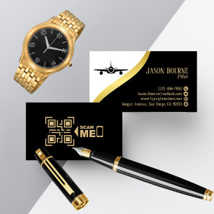 Cartão De Visita Piloto Dourado preto de código QR profissional Min