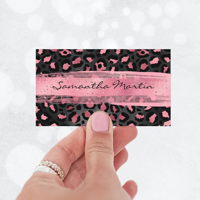 Cartão De Visita Pincel-do-pinto-preto-e-rosa (Black and Pink Foil Leopard Spot Brush Stroke Business Card)