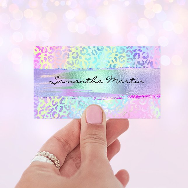 Cartão De Visita Pincel Iridescente Traço Arco-Íris Leopardo Rosa (Iridescent Foil Brush Stroke Rainbow Leopard Pink Business Card)