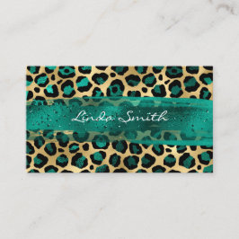 Cartão De Visita Pincel Verde-Teal e Folha-Ouro-Leopardo-Pincel