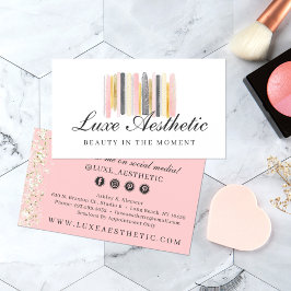 Cartão De Visita Pinceladas de Pintura Rosa Bege e Dourado Rosa Míd