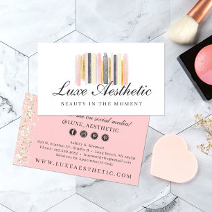 Cartão De Visita Pinceladas de Pintura Rosa Bege e Dourado Rosa Míd