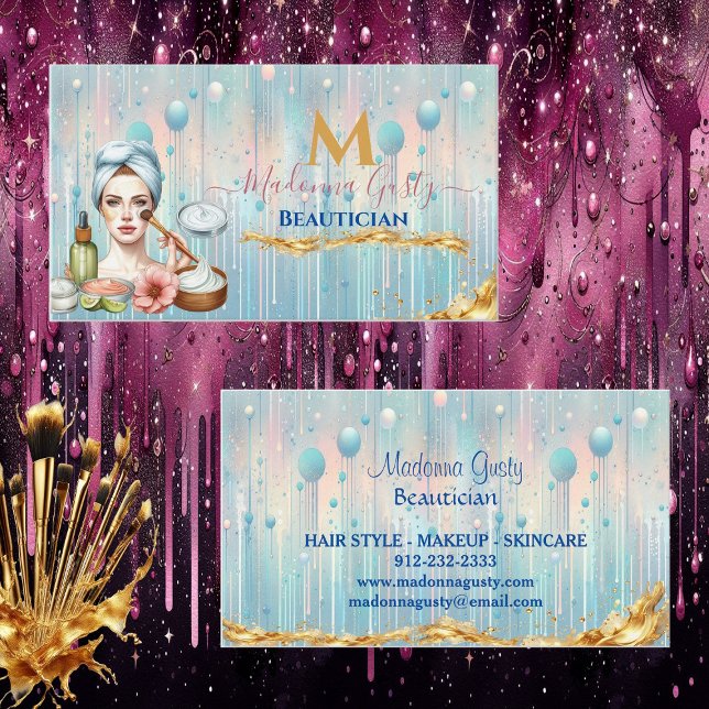 Cartão De Visita Pingando Pastel Azul Monograma Dourado Beleza Chic (Dripping Pastel Blue Gold Monogram Beautician Chic Business Card)