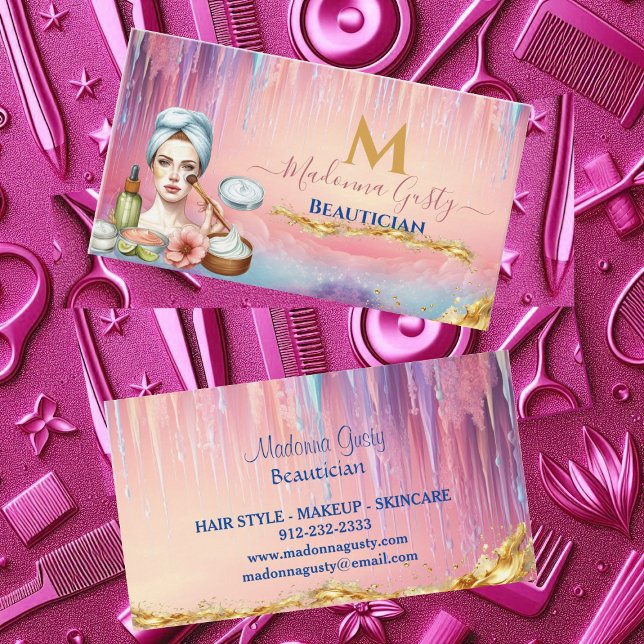 Cartão De Visita Pingindo Pastel Rosa Dourado Monograma Beleza Chic (Dripping Pastel Pink Gold Monogram Beautician Chic Business Card)