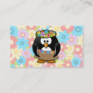 Cartão De Visita Pinguim de Hula dos desenhos animados com flores