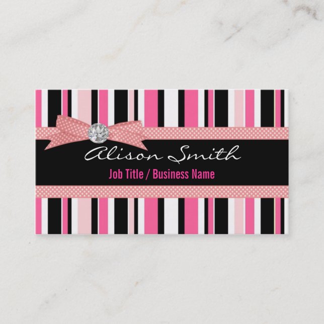 Cartão De Visita Pink and black stripes with bow (Frente)