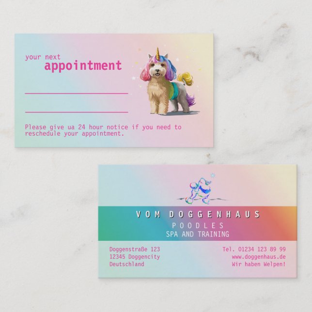 Cartão De Visita Pink and Rose Poodle Appointment Reminder  Busines (Frente/Verso)