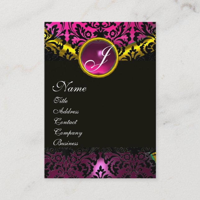 Cartão De Visita PINK BLACK AMETIST DAMASK MONOGRAM, ouro fuchsia (Frente)