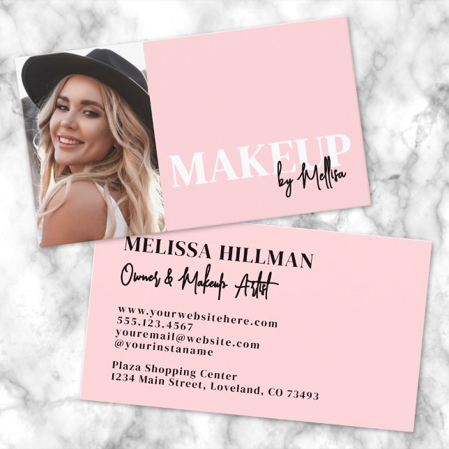Cartão De Visita Pink Black Script Photo Makeup (Pink Black Script Photo Makeup Business Card)