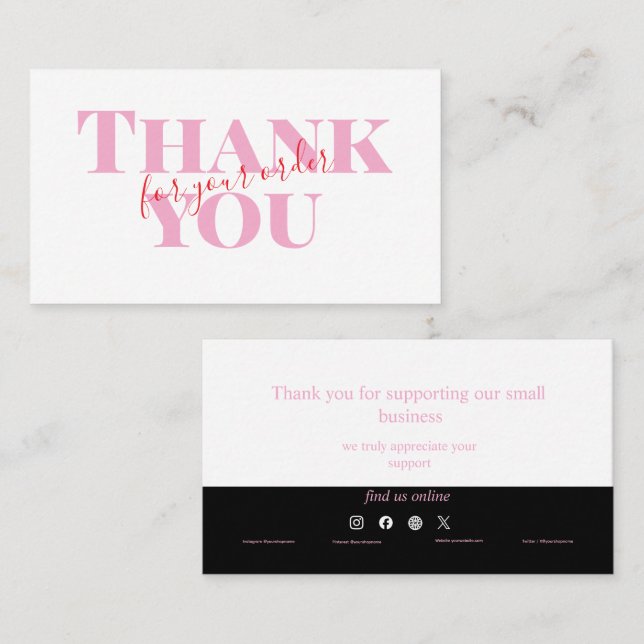 Cartão De Visita Pink Bold Thank You Card Social Media Small Busine (Frente/Verso)