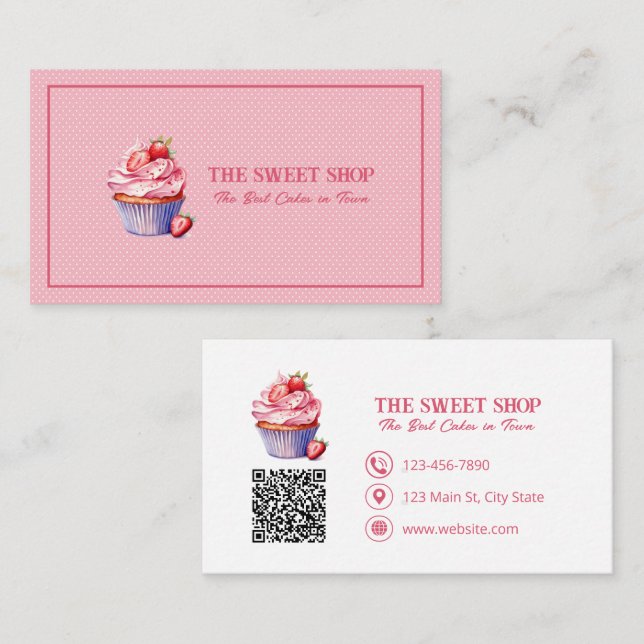 Cartão De Visita Pink Cupcake Bakery QR Code Business Card (Frente/Verso)
