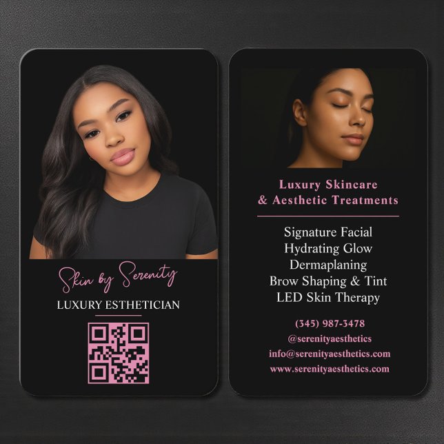 Cartão De Visita Pink Esthetician QR Code Luxury Black Beauty (Criador carregado)