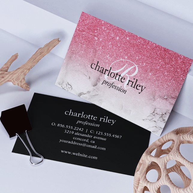 Cartão De Visita Pink Glitter Ombre Monogram Marble Salon Makeup (Criador carregado)