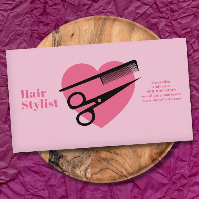 Cartão De Visita Pink Heart - Hair Stylist (Pink Heart - Hair Stylist Business Card)
